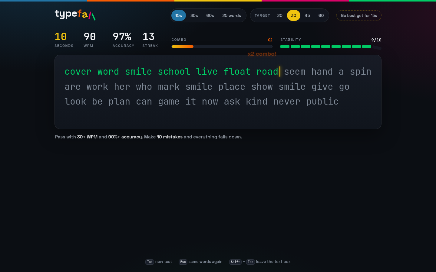 Typefall mid-test, showing live words per minute, accuracy, streak and the combo meter